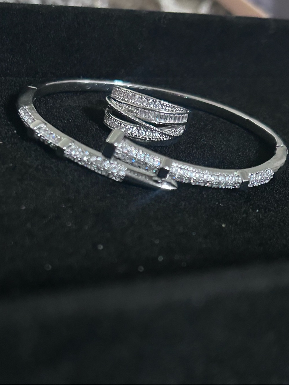 Elegant Silver-Tone Pave Crystal Bracelet and Ring Set